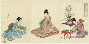 Un groupe de femmes organisant des fleurs Toyohara Chikanobu japonais Peinture à l'huile